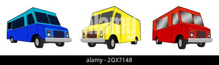 A set of three food truck vans in different colors - Vector Illustration Stock Vector