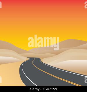Curved highway in a desert landscape with sunset colors - Vector Illustration Stock Vector