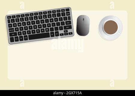 Keyboard, mouse, and a cup of coffee with a light beige background - Vector Illustration Stock Vector