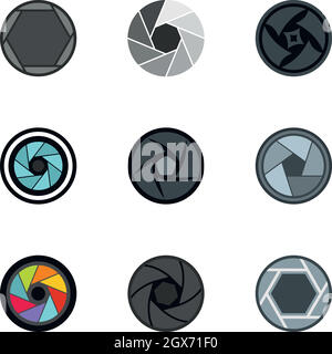 Camera lens aperture icons set, flat style Stock Vector