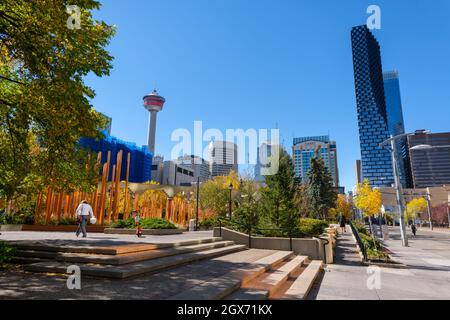 Calgary, Alberta, Canada - 27 September 2021:  Calgary skyline with Calgary Tower and Telus Sky tower in the Autumn season Stock Photo