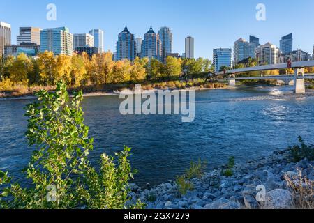 Calgary, Alberta, Canada - 27 September 2021:  Calgary skyline and Bow river in the Autumn season Stock Photo