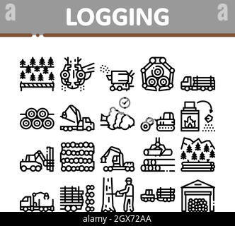 Wood Logging Industry Collection Icons Set Vector Stock Vector