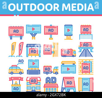 Outdoor Media Advertising Promo Icons Set Vector Stock Vector
