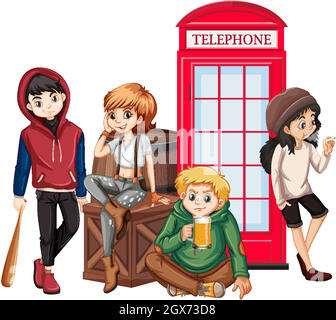 Teenagers hanging out by the telephone booth Stock Vector