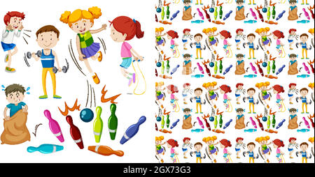 Seamless background design with kids doing sports Stock Vector