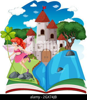 Fairy tales and castle tower on pop up book cartoon style on white background Stock Vector