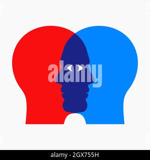 Two overlapping man faces, looking through each other with one shared eye. Psychological concept vector illustration. Stock Vector