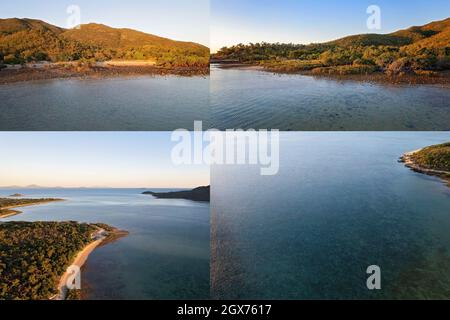 Collage of coastal images bathed in the soft light of early morning shining on the shoreline Stock Photo