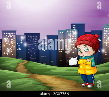 A young child across the tall buildings in the city Stock Vector
