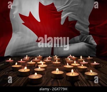 Mourning candles burning on Canada national flag of background. Memorial weekend, patriot veterans day, National Day of Service Remembrance. Burning c Stock Photo