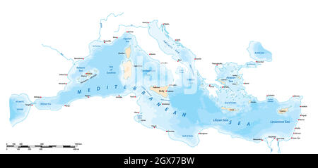 Blue outline map of mediterranean sea isolated Vector Image