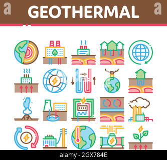 Geothermal Energy Collection Icons Set Vector Illustrations Stock Vector