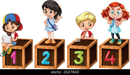 Four kids and numbers one to four Stock Vector