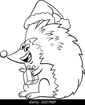 Black and white cartoon illustration of hedgehog animal character with present on Christmas time coloring book page Stock Vector