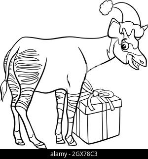 Black and white cartoon illustration of okapi animal character with present on Christmas time coloring book page Stock Vector