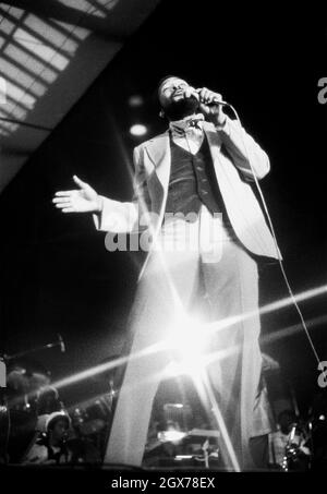 Marvin Gaye performing at the Bingley Hall, Birmingham, England in 1976. Stock Photo