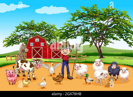 Farmer and many animals illustration Stock Vector Image & Art - Alamy
