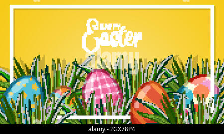 Poster design for easter with painted eggs in garden Stock Vector