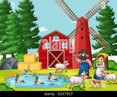 Old MacDonald in the farm with barn and windmill scene Stock Vector