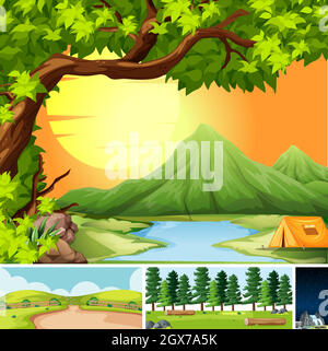 Four different scenes in nature setting cartoon style Stock Vector