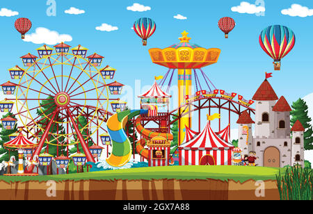 Amusement park scene at daytime with balloon in the sky Stock Vector