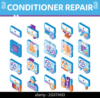 Conditioner Repair Vector Isometric Icons Set Stock Vector