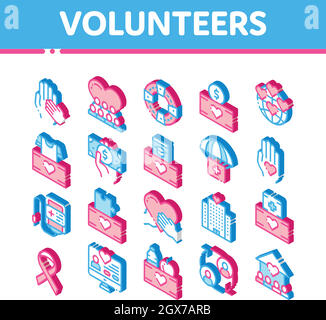 Volunteers Support Vector Isometric Icons Set Stock Vector