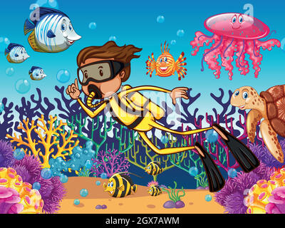 Diver diving underwater with many sea animals Stock Vector