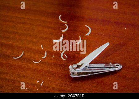 Nail clipping. Nail clipper with nails. Hand beauty. Manicure and pedicure tool. Stock Photo