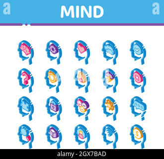 Mind Isometric Elements Signs Vector Icons Set Stock Vector