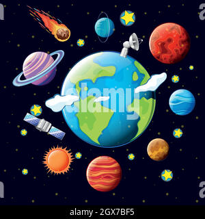 Planets and satellites around the earth Stock Vector