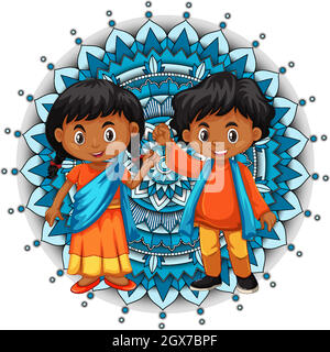 Mandala pattern design background with two happy kids Stock Vector