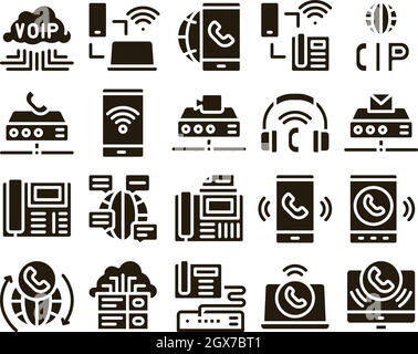 Voip Calling System Glyph Set Vector Stock Vector