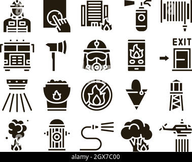 Firefighter Equipment Glyph Set Vector Stock Vector