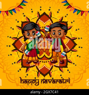 Navaratri poster design with mandala pattern and happy children Stock Vector