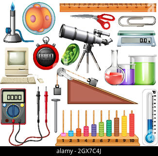 Large set of science equipments on white background Stock Vector