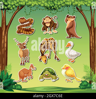 Sticker set of cartoon wild animals illustration Stock Vector Image ...