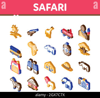 Safari Travel Isometric Elements Icons Set Vector Stock Vector