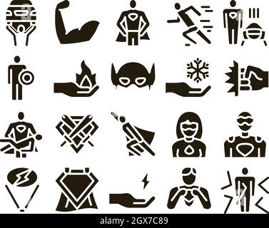 Super Hero Glyph Elements Icons Set Vector Stock Vector