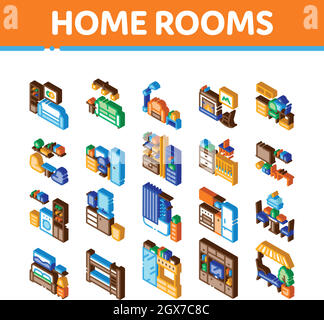 Home Rooms Furniture Isometric Icons Set Vector Stock Vector