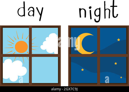 Opposite wordcard for day and night Stock Vector