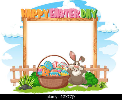 Border template design with Easter bunny and eggs in garden Stock Vector