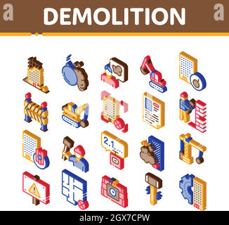 Demolition Building Isometric Icons Set Vector Stock Vector