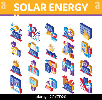 Solar Energy Technicians Isometric Icons Set Vector Stock Vector