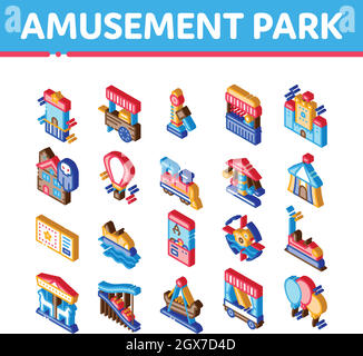 Amusement Park And Attraction Isometric Icons Set Vector Stock Vector