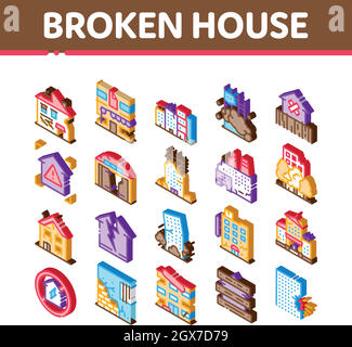Broken House Building Isometric Icons Set Vector Stock Vector