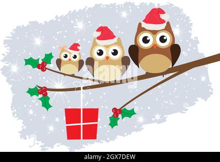 vector illustration of a fun owl family in Santa hats, in the tree branch with holly berries and a present. Stock Vector