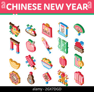 Chinese New Year Feast Isometric Icons Set Vector Stock Vector