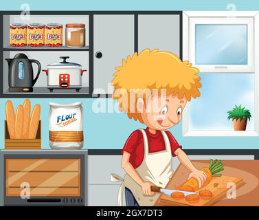 Young boy cooking in the kitchen Stock Vector